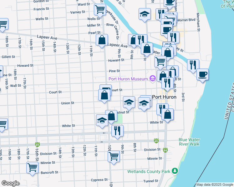 map of restaurants, bars, coffee shops, grocery stores, and more near 909 Union Street in Port Huron