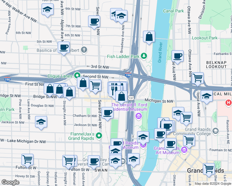 map of restaurants, bars, coffee shops, grocery stores, and more near 428 Bridge Street Northwest in Grand Rapids