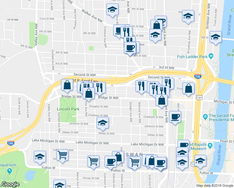 map of restaurants, bars, coffee shops, grocery stores, and more near 828 Indiana Avenue Northwest in Grand Rapids