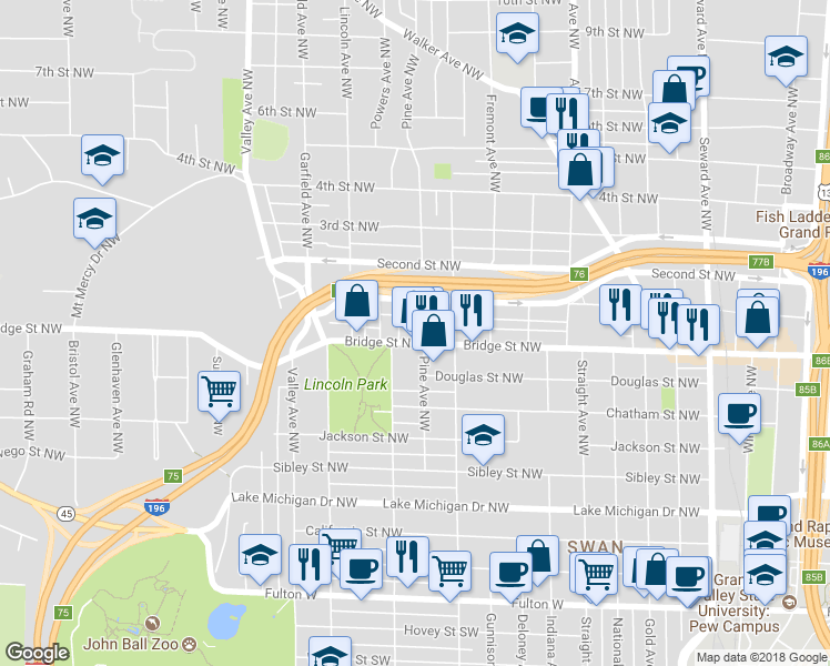 map of restaurants, bars, coffee shops, grocery stores, and more near 346 Pine Avenue Northwest in Grand Rapids
