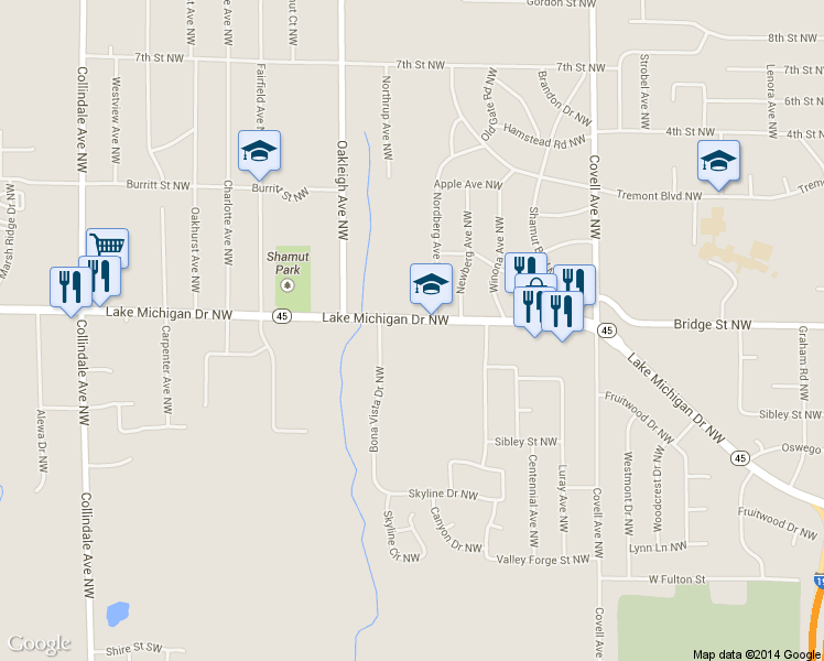 map of restaurants, bars, coffee shops, grocery stores, and more near 2252 Lake Michigan Drive Northwest in Grand Rapids