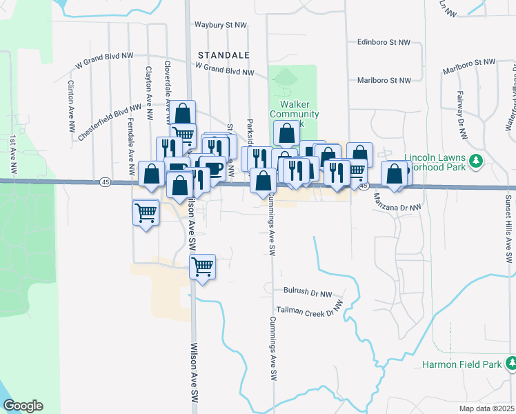 map of restaurants, bars, coffee shops, grocery stores, and more near 319 Cummings Avenue Northwest in Walker