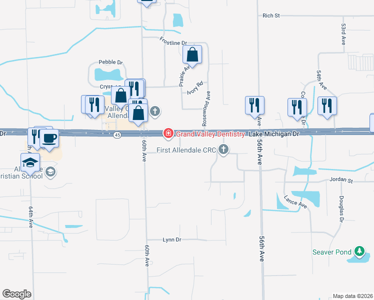 map of restaurants, bars, coffee shops, grocery stores, and more near 5842 Country View Drive in Allendale Charter Township