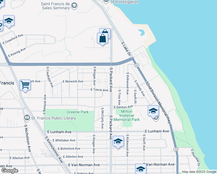 map of restaurants, bars, coffee shops, grocery stores, and more near 3559 East Waterford Avenue in Saint Francis