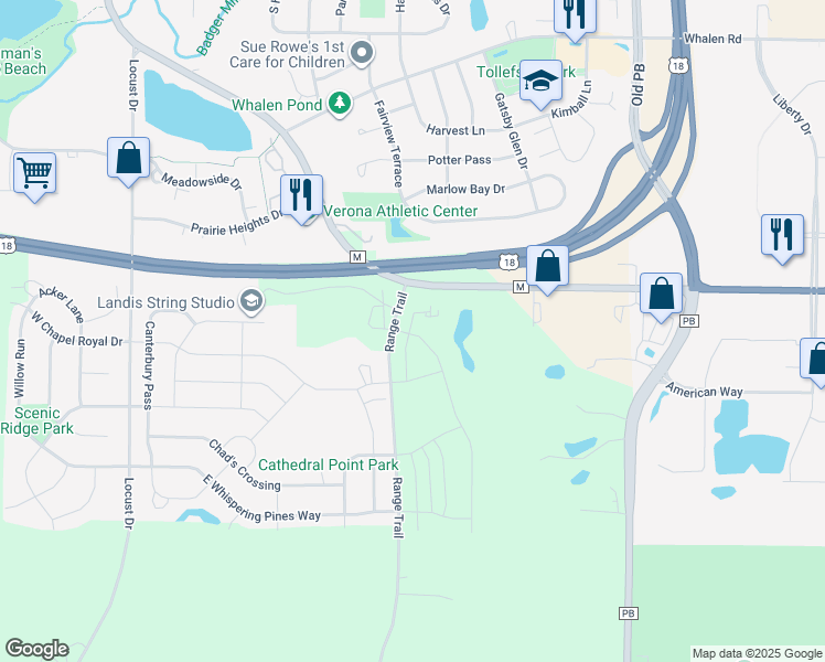 map of restaurants, bars, coffee shops, grocery stores, and more near 2007-2105 Range Trail in Verona
