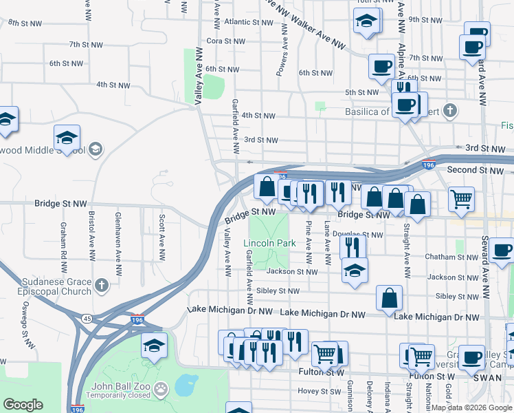 map of restaurants, bars, coffee shops, grocery stores, and more near 1137 Bridge Street Northwest in Grand Rapids