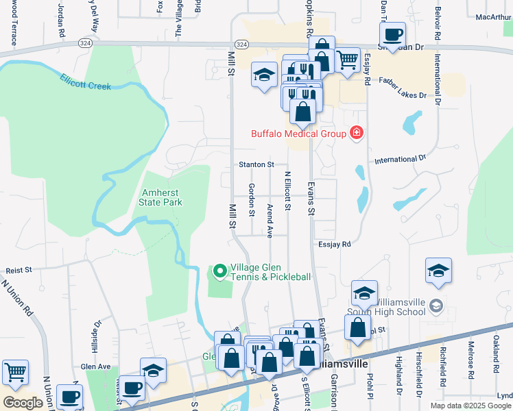 map of restaurants, bars, coffee shops, grocery stores, and more near 90 Arend Avenue in Buffalo