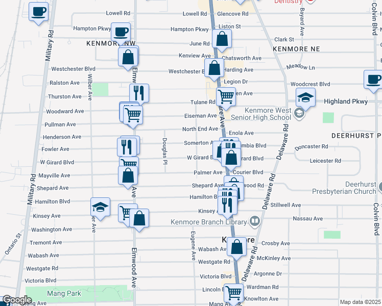 map of restaurants, bars, coffee shops, grocery stores, and more near 92 West Girard Boulevard in Buffalo