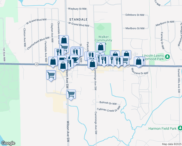 map of restaurants, bars, coffee shops, grocery stores, and more near 349 Cummings Avenue Northwest in Grand Rapids