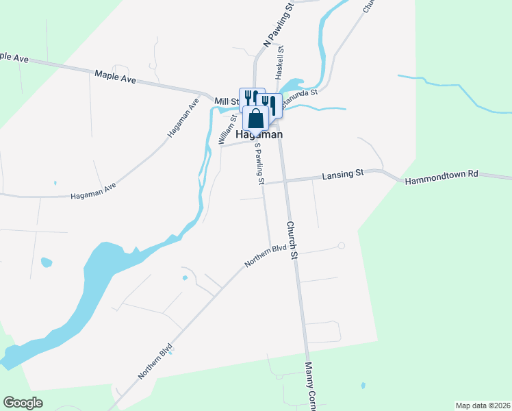 map of restaurants, bars, coffee shops, grocery stores, and more near 184 South Pawling Street in Hagaman