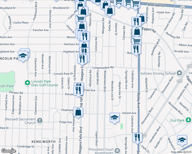 map of restaurants, bars, coffee shops, grocery stores, and more near 517 Capen Boulevard in Buffalo