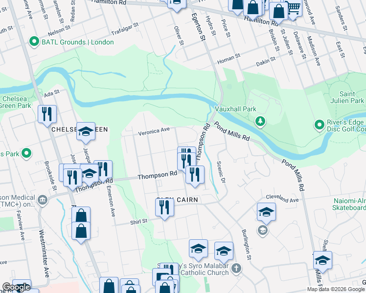 map of restaurants, bars, coffee shops, grocery stores, and more near 106 King Edward Avenue in London