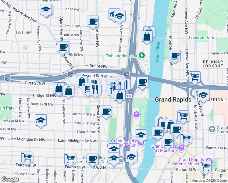 map of restaurants, bars, coffee shops, grocery stores, and more near 428 Bridge Street Northwest in Grand Rapids