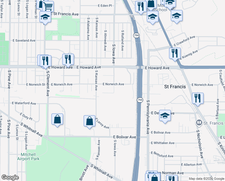 map of restaurants, bars, coffee shops, grocery stores, and more near 1932 East Tesch Avenue in Saint Francis