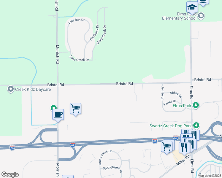 map of restaurants, bars, coffee shops, grocery stores, and more near 7317 Bristol Road in Swartz Creek