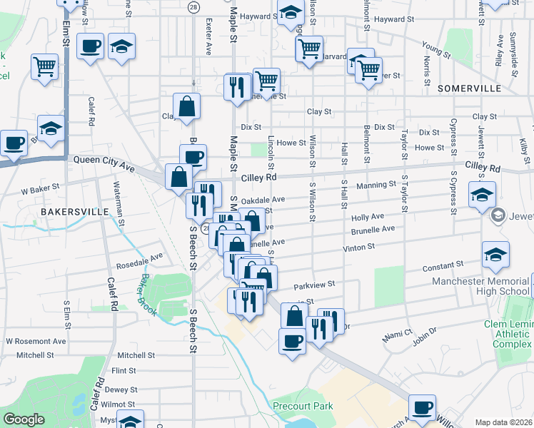 map of restaurants, bars, coffee shops, grocery stores, and more near 84 Oakdale Avenue in Manchester