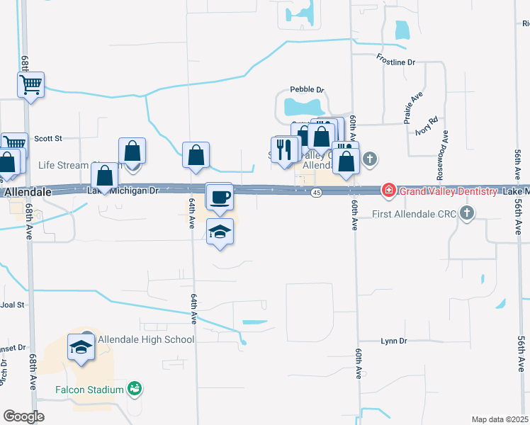map of restaurants, bars, coffee shops, grocery stores, and more near 6218 Lake Michigan Drive in Allendale Charter Township