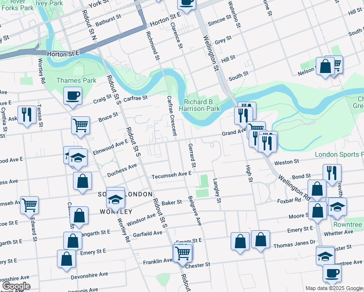 map of restaurants, bars, coffee shops, grocery stores, and more near 18 Belgrave Avenue in London