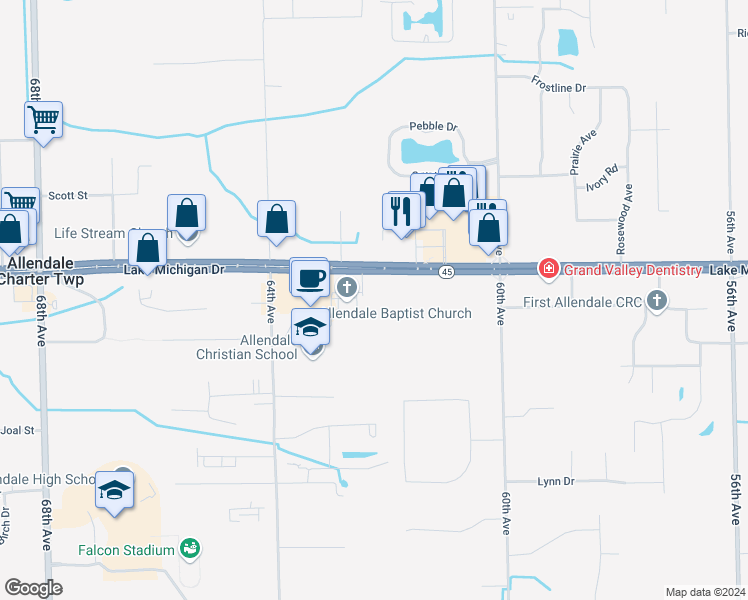 map of restaurants, bars, coffee shops, grocery stores, and more near 6218 Lake Michigan Drive in Allendale Charter Township