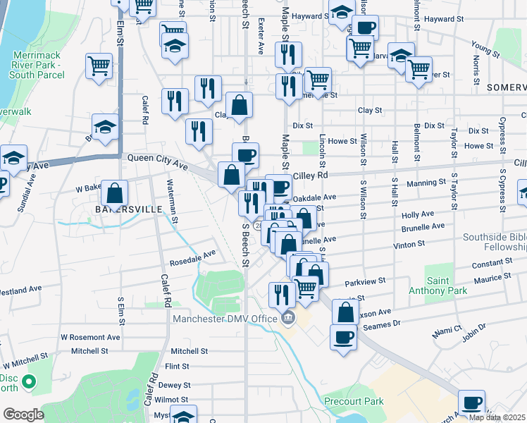 map of restaurants, bars, coffee shops, grocery stores, and more near 101 Maple Street in Manchester