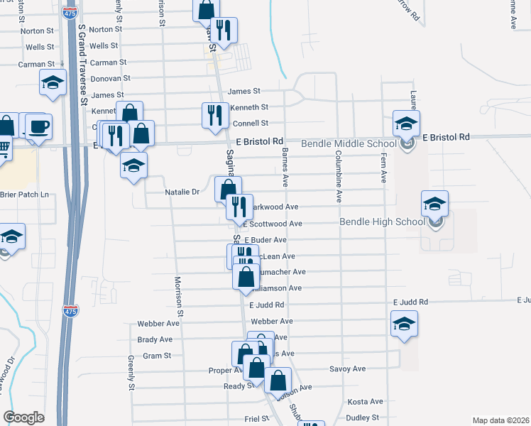 map of restaurants, bars, coffee shops, grocery stores, and more near 2068 East Bergin Avenue in Burton