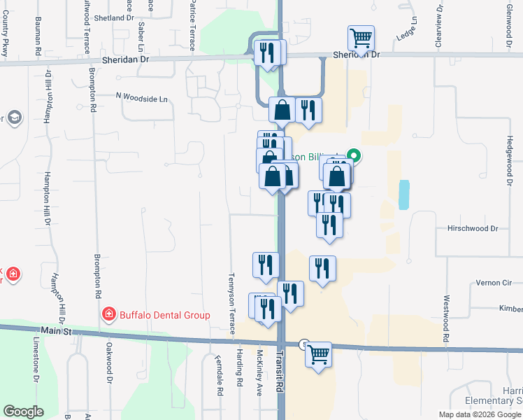 map of restaurants, bars, coffee shops, grocery stores, and more near 35 Tennyson Road in Buffalo