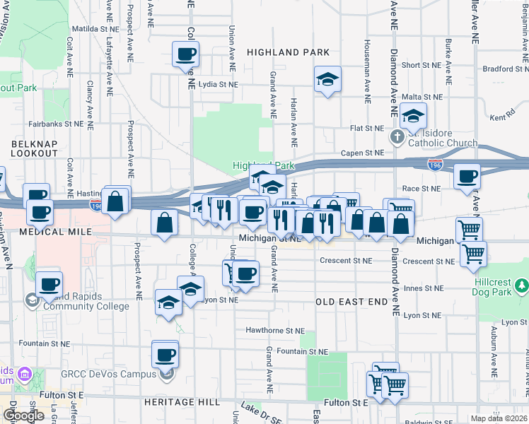 map of restaurants, bars, coffee shops, grocery stores, and more near 414 Benson Avenue Northeast in Grand Rapids