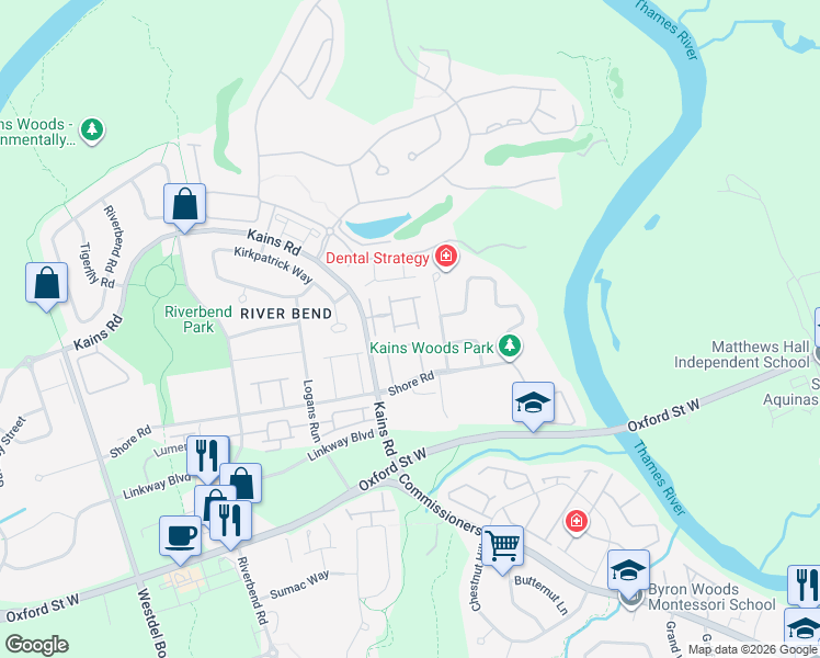 map of restaurants, bars, coffee shops, grocery stores, and more near 2050 Kains Road in London