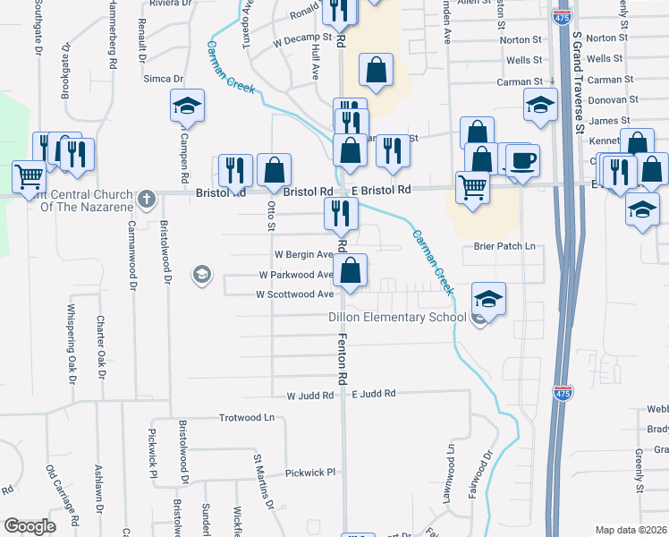 map of restaurants, bars, coffee shops, grocery stores, and more near 4071 Fenton Road in Burton