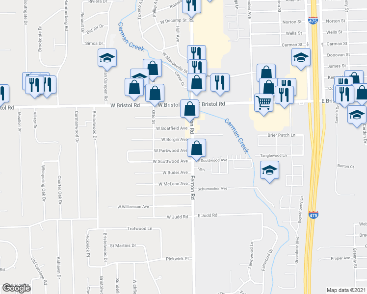 map of restaurants, bars, coffee shops, grocery stores, and more near 1028 West Bergin Avenue in Flint