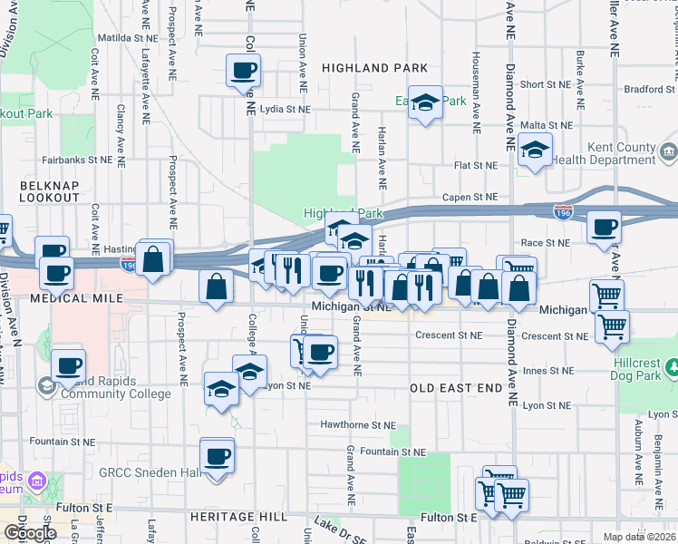 map of restaurants, bars, coffee shops, grocery stores, and more near 457 Grand Avenue Northeast in Grand Rapids