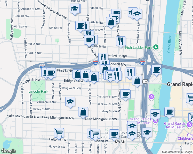 map of restaurants, bars, coffee shops, grocery stores, and more near 723 First Street Northwest in Grand Rapids