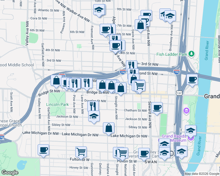 map of restaurants, bars, coffee shops, grocery stores, and more near 820 First Street Northwest in Grand Rapids