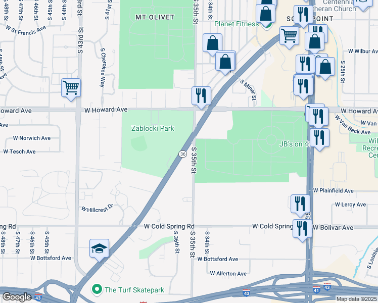 map of restaurants, bars, coffee shops, grocery stores, and more near 4057 South 35th Street in Greenfield