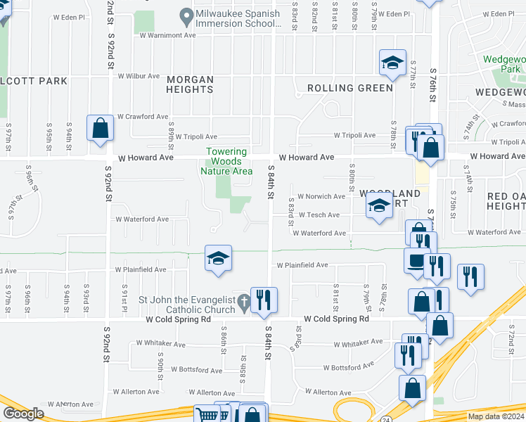 map of restaurants, bars, coffee shops, grocery stores, and more near 3985 South 84th Street in Greenfield