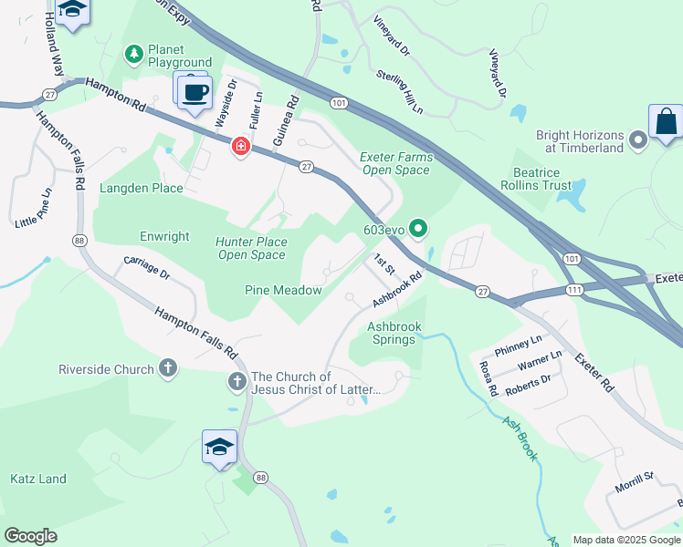 map of restaurants, bars, coffee shops, grocery stores, and more near 32 Pine Meadows Drive in Exeter