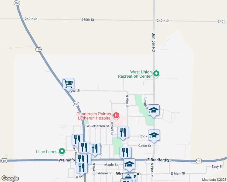 map of restaurants, bars, coffee shops, grocery stores, and more near 200 Hall Street in West Union