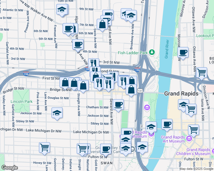map of restaurants, bars, coffee shops, grocery stores, and more near 601 First Street Northwest in Grand Rapids
