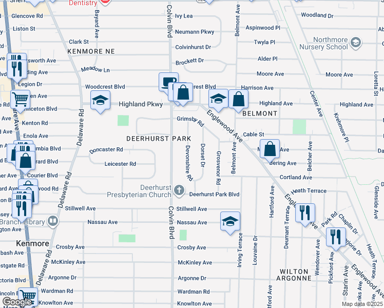 map of restaurants, bars, coffee shops, grocery stores, and more near 97 Devonshire Road in Buffalo