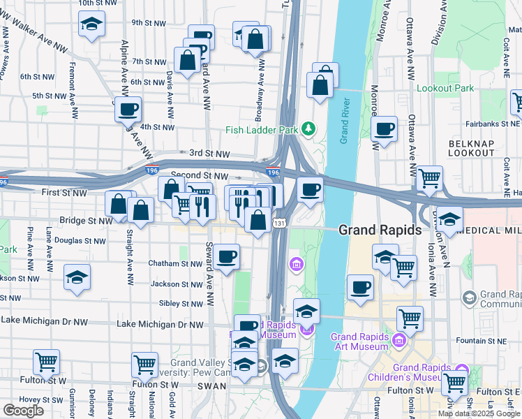 map of restaurants, bars, coffee shops, grocery stores, and more near 425 First Street Northwest in Grand Rapids
