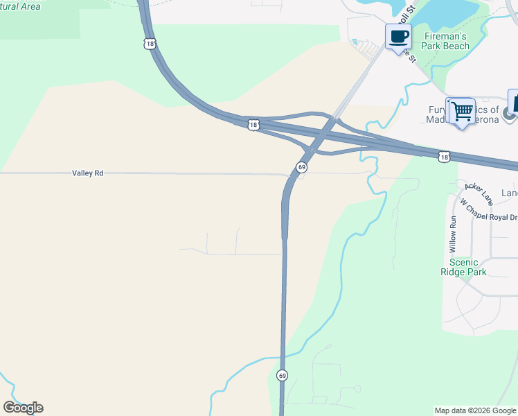 map of restaurants, bars, coffee shops, grocery stores, and more near 7223 Valley Road in Verona