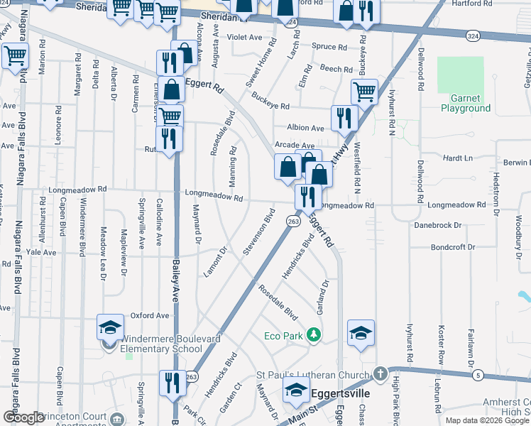 map of restaurants, bars, coffee shops, grocery stores, and more near 390 Longmeadow Road in Buffalo