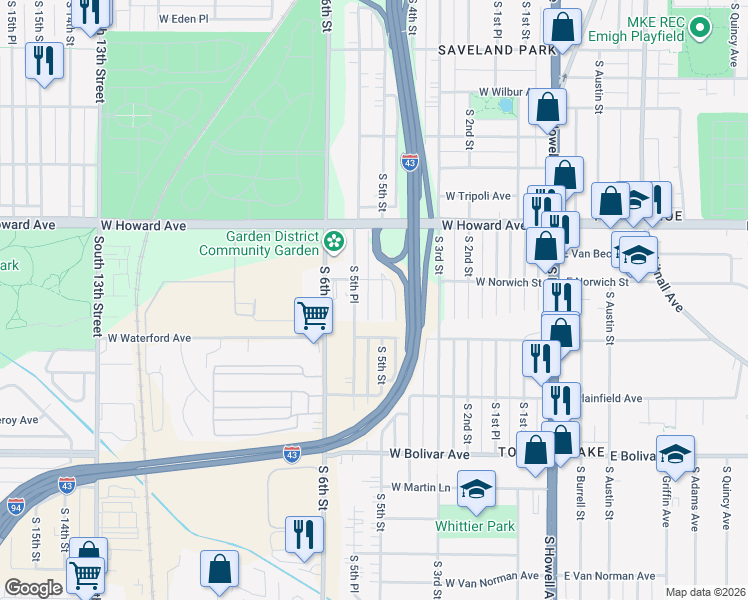 map of restaurants, bars, coffee shops, grocery stores, and more near 4000 South 5th Place in Milwaukee