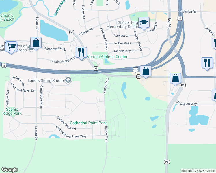 map of restaurants, bars, coffee shops, grocery stores, and more near 6801 County Highway M in Verona