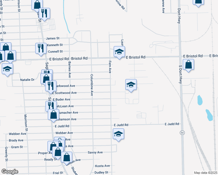 map of restaurants, bars, coffee shops, grocery stores, and more near 2244 East Parkwood Avenue in Burton