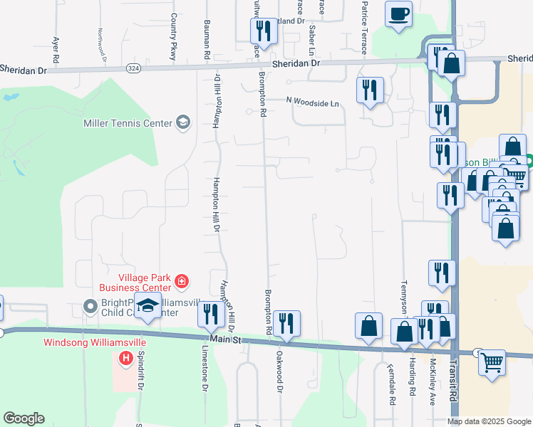 map of restaurants, bars, coffee shops, grocery stores, and more near Brompton Road in Erie County