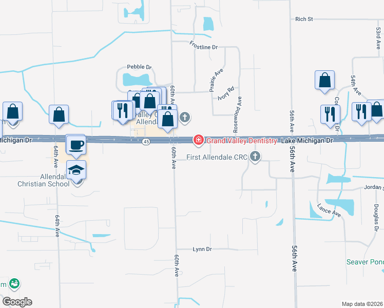 map of restaurants, bars, coffee shops, grocery stores, and more near 5916 Lake Michigan Drive in Allendale Charter Township