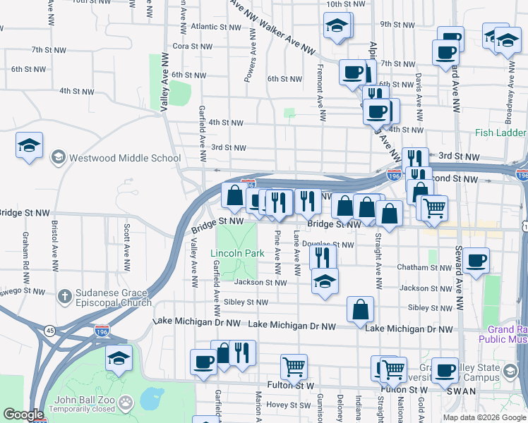 map of restaurants, bars, coffee shops, grocery stores, and more near 410 Marion Place Northwest in Grand Rapids