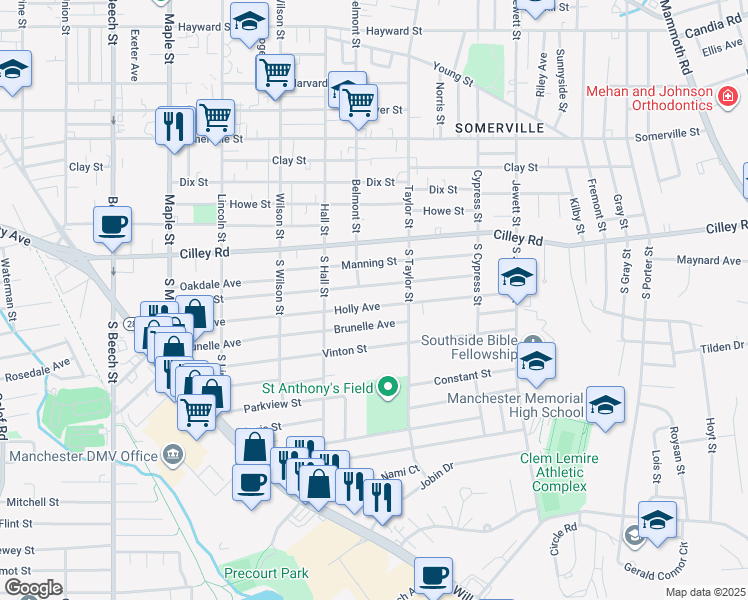map of restaurants, bars, coffee shops, grocery stores, and more near 120 Villa Street in Manchester