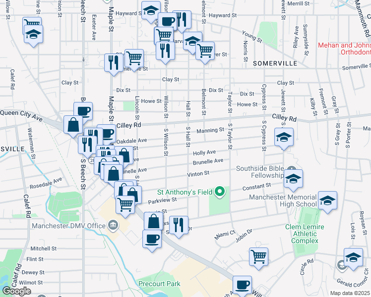 map of restaurants, bars, coffee shops, grocery stores, and more near 55 South Hall Street in Manchester
